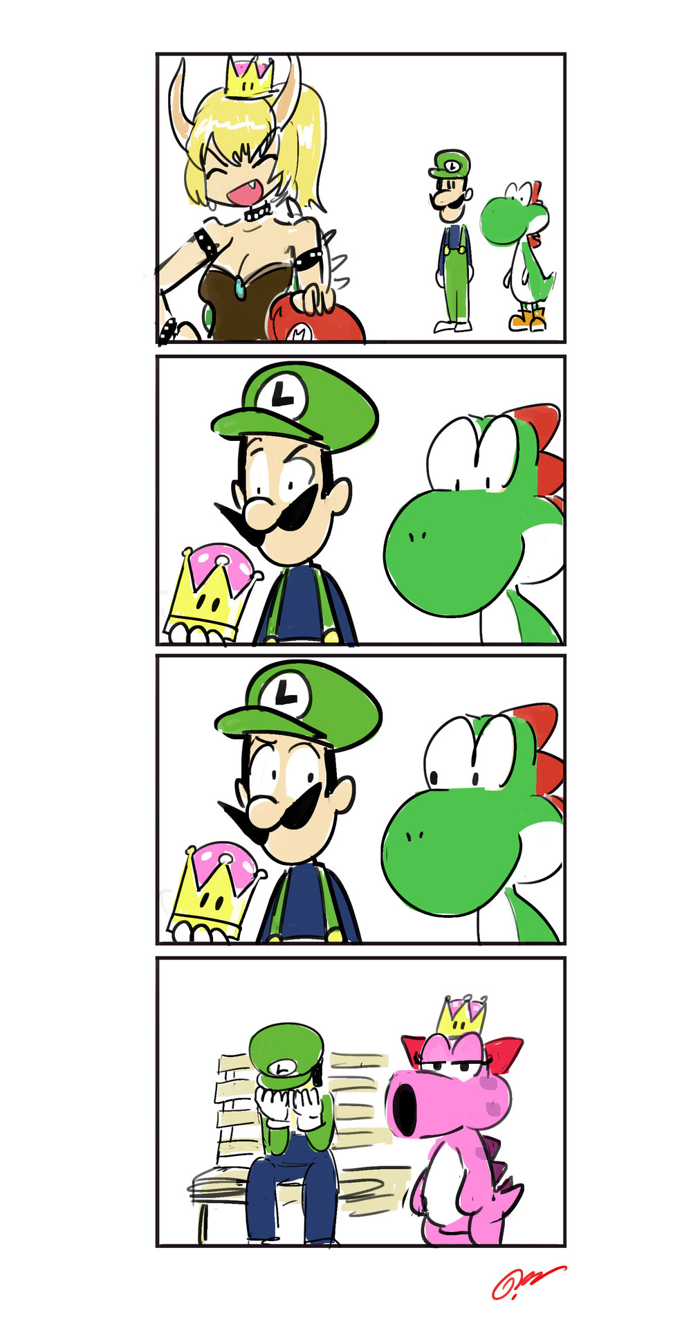 1girl 2boys 4koma :d bare_shoulders birdo blonde_hair bowsette bracelet breasts cleavage closed_eyes collar comic face_in_hands fang gapangman gloves green_hat hand_on_another's_head hat highres jewelry luigi mario super_mario_bros. multiple_boys new_super_mario_bros._u_deluxe nintendo on_bench open_mouth outdoors red_hat sitting smile spiked_armlet spiked_bracelet spiked_collar spikes standing super_crown suspenders upper_body white_background white_gloves yoshi