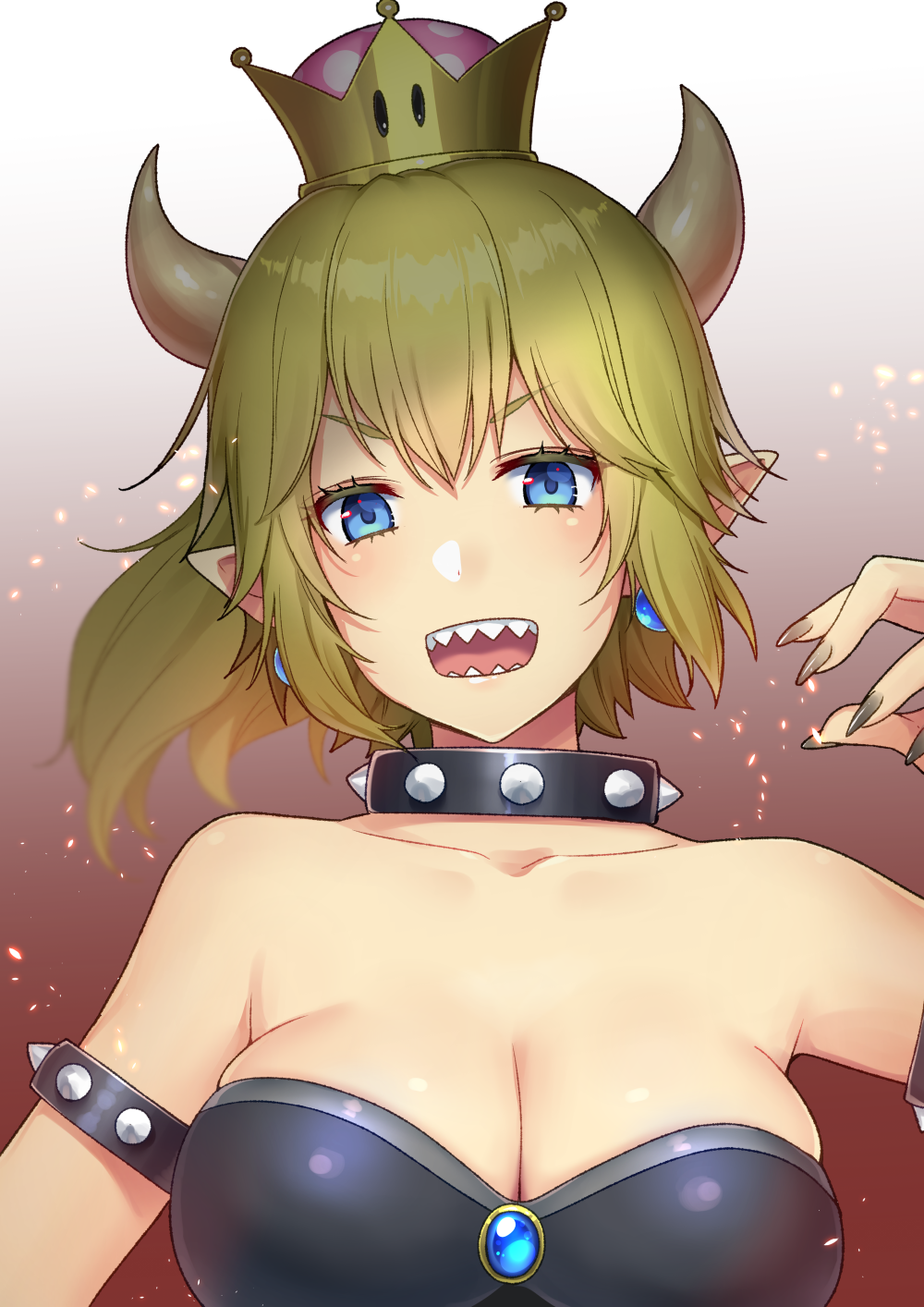 1girl :d black_dress black_nails blonde_hair blue_eyes bowsette bracelet breasts cleavage collar crown daidai_jamu dress earrings fingernails gem hand_up highres horns jewelry large_breasts looking_at_viewer super_mario_bros. nail_polish nintendo open_mouth pointy_ears sharp_fingernails sharp_teeth skindentation smile solo spiked_bracelet spiked_collar spikes super_crown super_mario_bros. teeth upper_body