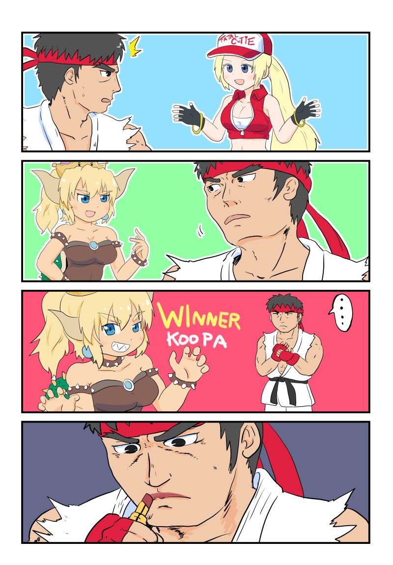 ... 1boy 2girls 4koma baseball_cap black_eyes black_hair blonde_hair blue_eyes bowsette bracelet breasts cleavage collar comic cropped_jacket crossover dougi gadorufu_(fervojo) genderswap genderswap_(mtf) hat jewelry lipstick long_hair makeup super_mario_bros. midnight_bliss midriff multiple_crossover multiple_girls new_super_mario_bros._u_deluxe nintendo ryuu_(street_fighter) silent_comic snk_heroines:_tag_team_frenzy spiked_bracelet spiked_collar spikes spoken_ellipsis street_fighter super_crown super_smash_bros. super_smash_bros_ultimate terry_bogard the_king_of_fighters torn_clothes torn_sleeves