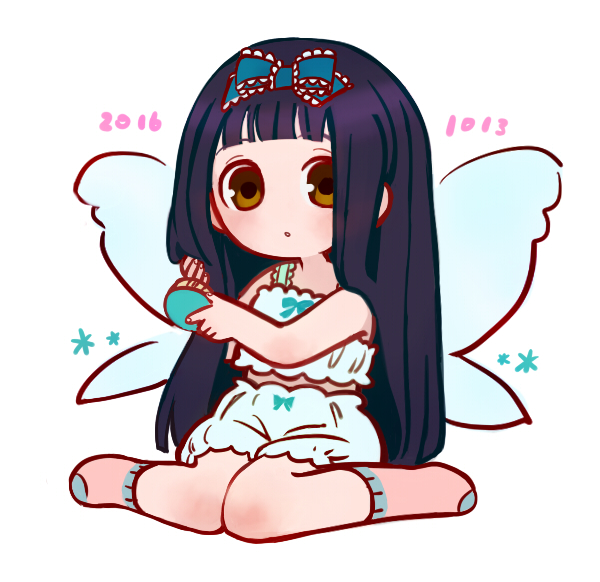 1girl :o alternate_costume bangs bare_arms bare_shoulders black_hair blue_bow blunt_bangs blunt_ends bow brown_eyes brush chabi_(amedama) crop_top dated fairy fairy_wings full_body hair_bow hair_brush hair_brushing hand_in_hair hands_up holding holding_brush holding_hair knees_together_feet_apart long_hair looking_at_viewer midriff_peek no_nose no_shoes pajamas parted_lips pink_legwear simple_background sitting sleepwear sleeveless socks solo star_sapphire tareme touhou very_long_hair wariza white_background wings