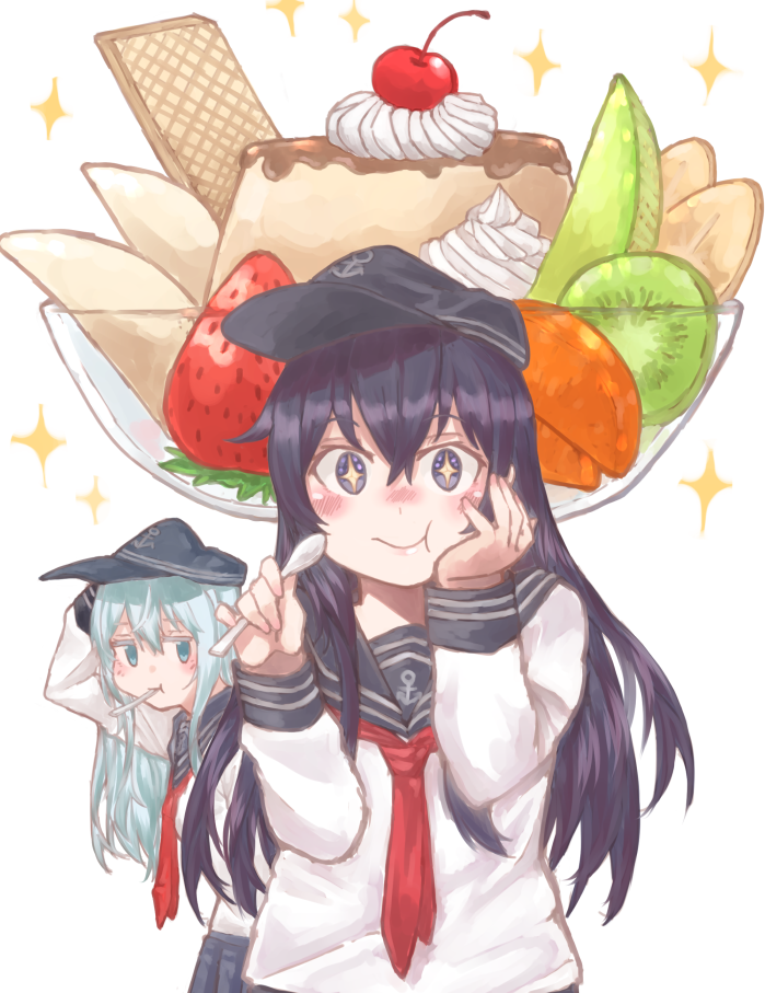 +_+ 2girls akatsuki_(kantai_collection) anchor_symbol az_toride black_hair black_sailor_collar black_skirt blue_eyes cherry eating flat_cap food fruit hand_on_own_face hat hibiki_(kantai_collection) holding holding_spoon kantai_collection long_hair looking_at_viewer mouth_hold multiple_girls neckerchief pleated_skirt pudding red_neckwear sailor_collar school_uniform serafuku silver_hair simple_background skirt sparkle spoon upper_body violet_eyes white_background