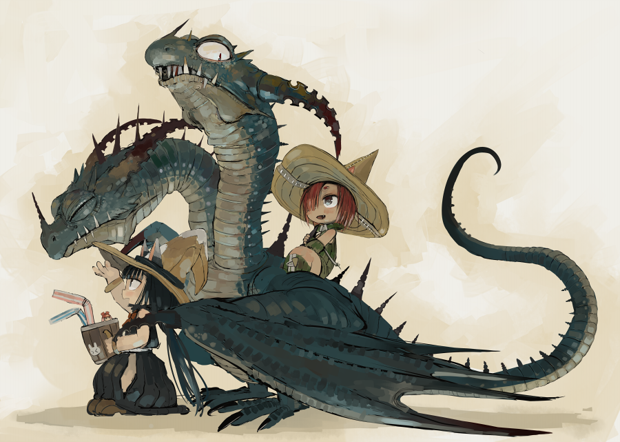 2girls :d animal_ears black_dress commentary_request detached_sleeves dragon dragon_riding dress ears_through_headwear ebimomo fantasy from_side grey_eyes hair_over_one_eye hand_up hat holding multiple_girls open_mouth original redhead short_hair smile straw witch_hat