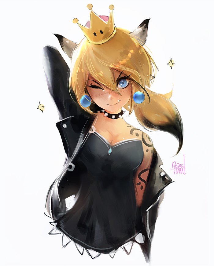 1girl arm_behind_head black_hair blonde_hair blue_eyes blush bowsette collar fang horns jacket leather leather_jacket super_mario_bros. multicolored_hair new_super_mario_bros._u_deluxe nintendo nose_blush off_shoulder one_eye_closed open_clothes open_jacket ponytail ross_tran signature solo sparkle spiked_collar spikes super_crown tattoo two-tone_hair upper_body