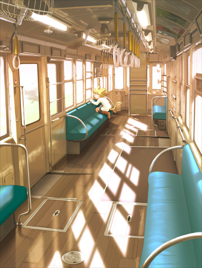 1other androgynous animal_ears blonde_hair cat_ears closed_eyes day electric_fan empty facing_viewer ground_vehicle kitsupon kneeling light long_sleeves original revision short_hair sitting solo tail train_interior vanishing_point