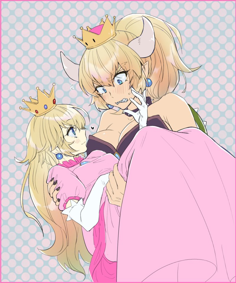 2girls bangs bare_shoulders blonde_hair blue_eyes bowsette breasts carrying cleavage commentary_request dress earrings elbow_gloves flying_sweatdrops gem gloves heart horns jewelry large_breasts long_hair looking_at_another super_mario_bros. multiple_girls new_super_mario_bros._u_deluxe nintendo pink_dress pointy_ears ponytail princess_carry princess_peach puffy_short_sleeves puffy_sleeves shell short_sleeves spiked_shell spikes sundomeya_(bang) super_crown super_mario_bros. white_gloves yuri