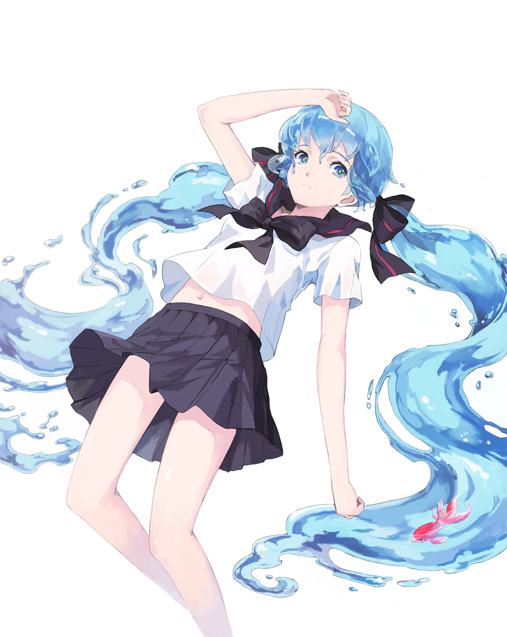 1girl arm_up blue_eyes blue_hair bottle_miku fish hair_ribbon harupy hatsune_miku highres liquid_hair long_hair navel revision ribbon school_uniform serafuku simple_background skirt solo twintails very_long_hair vocaloid water white_background