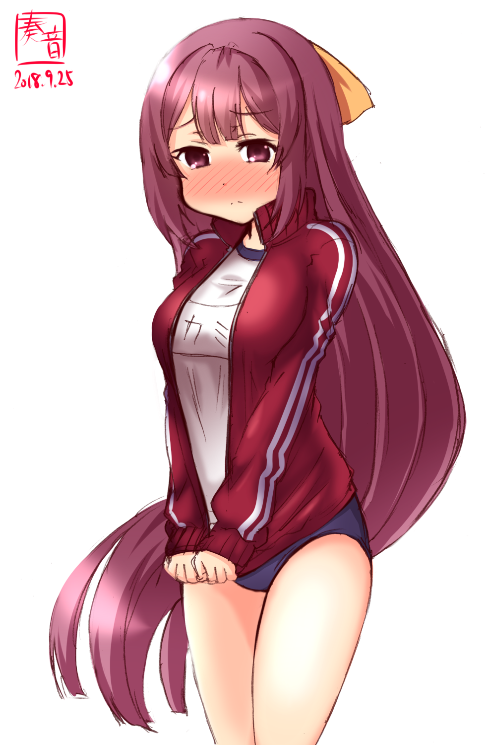 1girl artist_logo blue_buruma blush bow buruma commentary_request cowboy_shot dated gym_uniform hair_bow highres jacket jacket_pull kamikaze_(kantai_collection) kanon_(kurogane_knights) kantai_collection long_hair nose_blush purple_hair red_eyes red_jacket shirt simple_background solo track_jacket white_background white_shirt yellow_bow