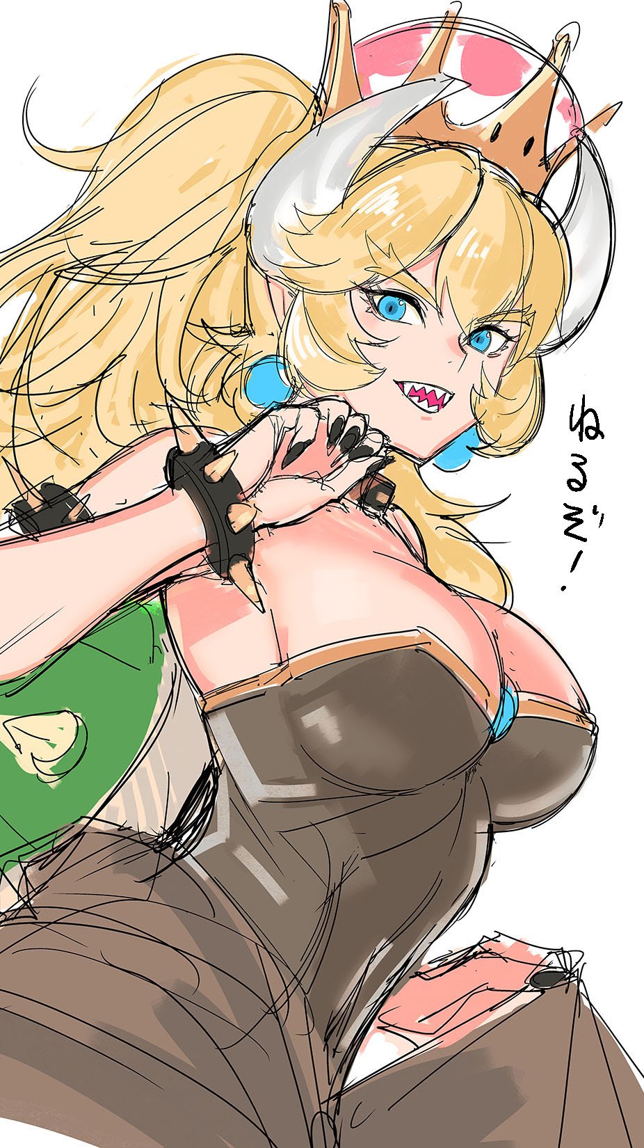 1girl :d blonde_hair blue_eyes bowsette bracelet breasts brown_dress crown dress hand_up highres jewelry large_breasts looking_at_viewer super_mario_bros. new_super_mario_bros._u_deluxe nintendo open_mouth ponytail sharp_teeth simple_background sketch smile solo spiked_bracelet spikes strapless strapless_dress super_crown teeth tetsu_(kimuchi) white_background