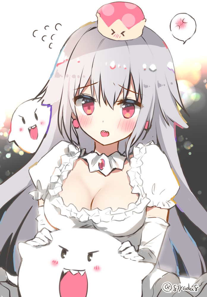 &gt;_&lt; 1girl :d bangs blush boo breasts brooch cleavage closed_eyes closed_mouth commentary_request crown detached_collar dress elbow_gloves eyebrows_visible_through_hair flying_sweatdrops frilled_dress frills ghost gloves grey_hair hair_between_eyes hair_flaps jewelry large_breasts long_hair looking_at_viewer luigi's_mansion super_mario_bros. mini_crown new_super_mario_bros._u_deluxe nintendo nose_blush open_mouth princess_king_boo red_eyes revision sharp_teeth short_sleeves silver_hair smile solo super_crown super_mario_bros. teeth tongue tongue_out twitter_username very_long_hair wavy_mouth white_dress white_gloves yadapot