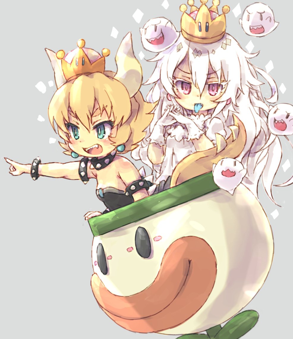 2girls :d bare_shoulders black_dress blonde_hair blue_eyes blush boo bowsette bracelet brooch collar commentary_request crown dress earrings eyebrows_visible_through_hair fang gloves hair_between_eyes horns jewelry kolshica long_hair looking_at_viewer luigi's_mansion multiple_girls new_super_mario_bros._u_deluxe nintendo open_mouth pointing princess_king_boo sharp_teeth short_hair simple_background smile spiked_bracelet spiked_collar spikes super_crown super_mario_bros. tail teeth tongue tongue_out violet_eyes white_dress white_gloves white_hair younger