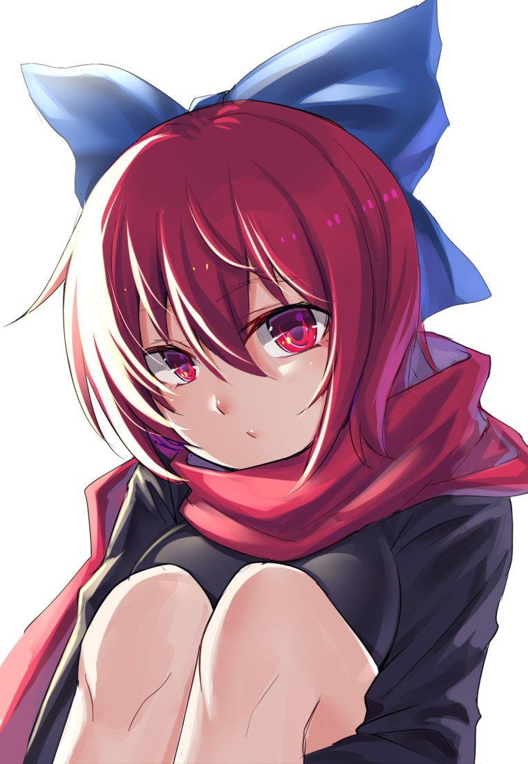 1girl bangs black_shirt blue_bow bow breasts commentary_request eyebrows_visible_through_hair hair_between_eyes hair_bow head_tilt knees_up koissa large_breasts long_sleeves looking_at_viewer red_eyes red_scarf redhead scarf sekibanki shirt short_hair simple_background sitting solo touhou upper_body white_background