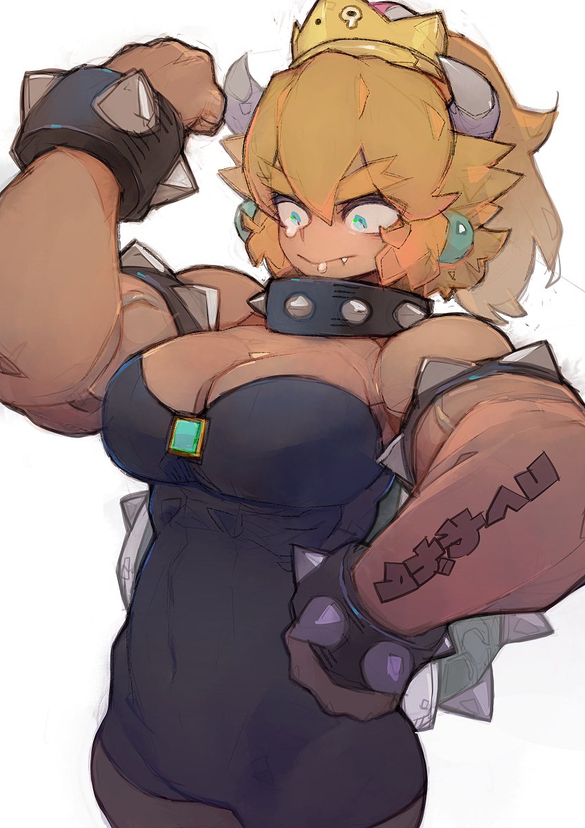 1girl black_dress blonde_hair blue_eyes bowsette bracelet clenched_hands collar dress drooling earrings eyebrows_visible_through_hair fang flexing genderswap genderswap_(mtf) hand_on_hip highres horns jewelry super_mario_bros. muscle muscular_female new_super_mario_bros._u_deluxe nintendo ponytail pose sidelocks simple_background spiked_armlet spiked_bracelet spiked_collar spiked_shell spikes super_crown tearing_up tekito03 thick_eyebrows transformation turtle_shell white_background