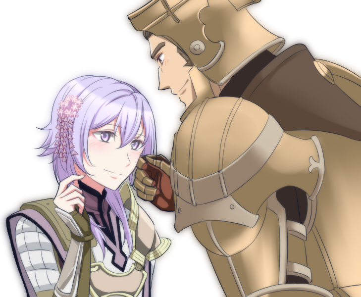 1boy 2boys armor blush brown_eyes brown_hair fire_emblem fire_emblem_echoes:_mou_hitori_no_eiyuuou gloves hair_ornament helmet kakiko210 leo_(fire_emblem) long_hair male_focus multiple_boys nintendo purple_hair simple_background solo valbar_(fire_emblem) violet_eyes white_background yaoi