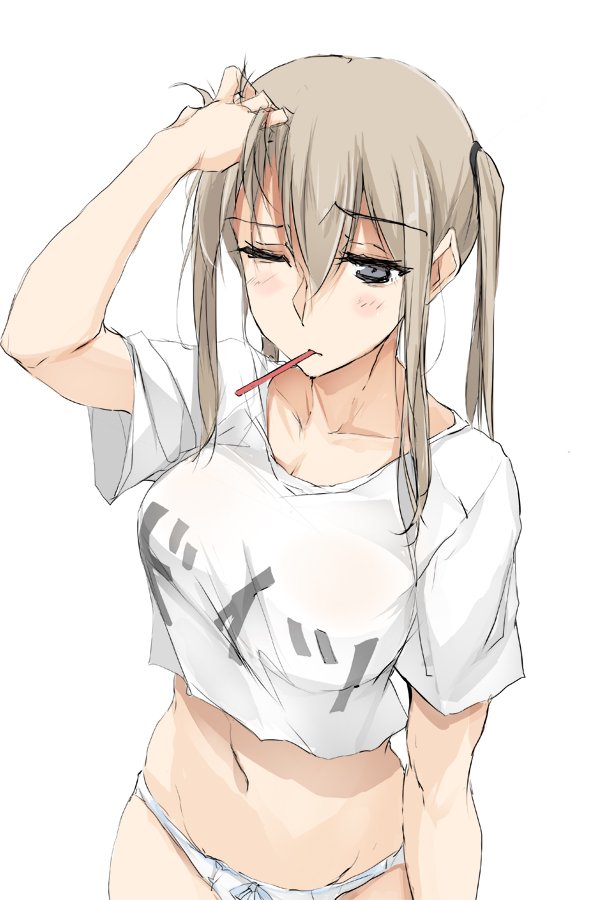 1girl breasts cleavage collarbone graf_zeppelin_(kantai_collection) hand_in_hair kantai_collection large_breasts looking_at_viewer messy_hair one_eye_closed panties see-through shirt short_sleeves sidelocks simple_background sketch sleepy solo twintails undersized_clothes underwear upper_body violet_eyes white_background white_panties white_shirt zekkyon