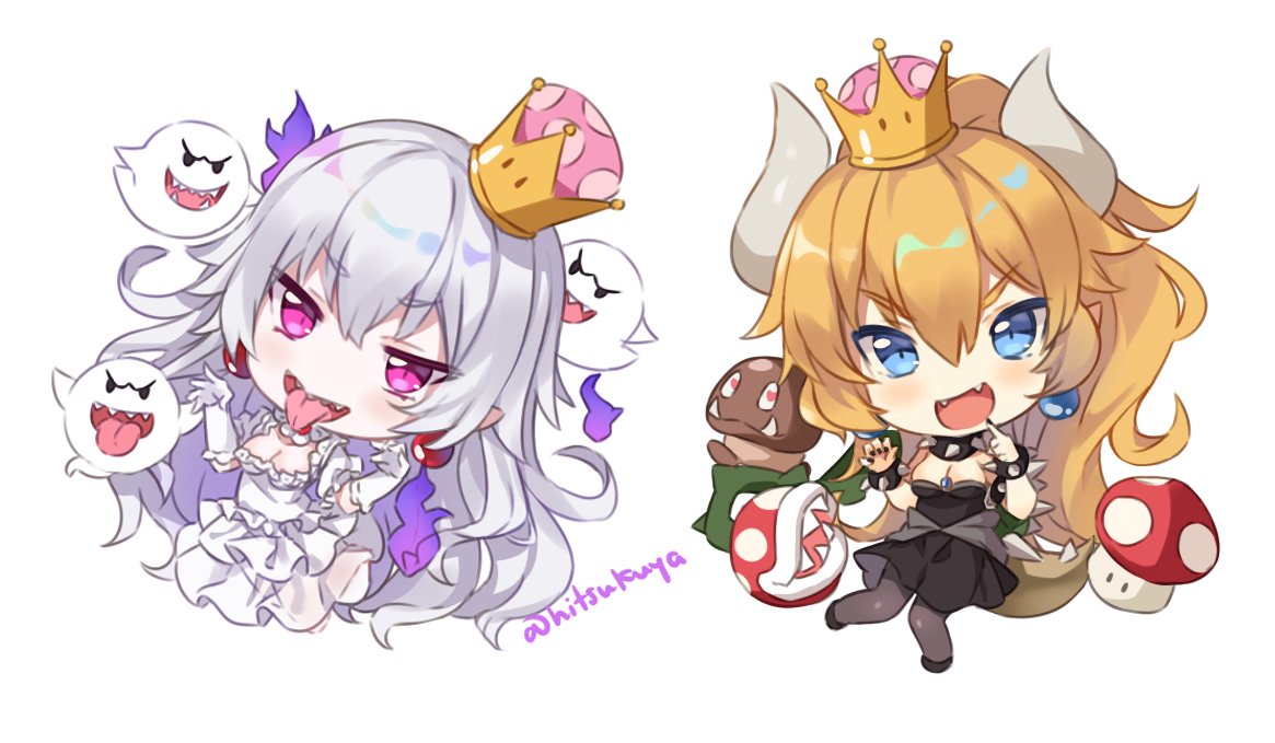 2girls :d bangs bare_shoulders black_dress black_nails blonde_hair blue_eyes boo bowsette bracelet breasts brown_legwear cleavage collar commentary crown dress earrings elbow_gloves english_commentary eyebrows_visible_through_hair fangs fingernails gloves goomba hair_between_eyes head_tilt heart heart-shaped_pupils hitsukuya horns jewelry large_breasts long_hair luigi's_mansion super_mario_bros. mini_crown multiple_girls mushroom nail_polish new_super_mario_bros._u_deluxe nintendo open_mouth pantyhose piranha_plant pointy_ears princess_king_boo sharp_teeth signature silver_hair simple_background sitting smile spiked_bracelet spiked_collar spikes strapless strapless_dress super_crown symbol-shaped_pupils teeth tilted_headwear tongue tongue_out v-shaped_eyebrows very_long_hair violet_eyes white_background white_dress white_gloves