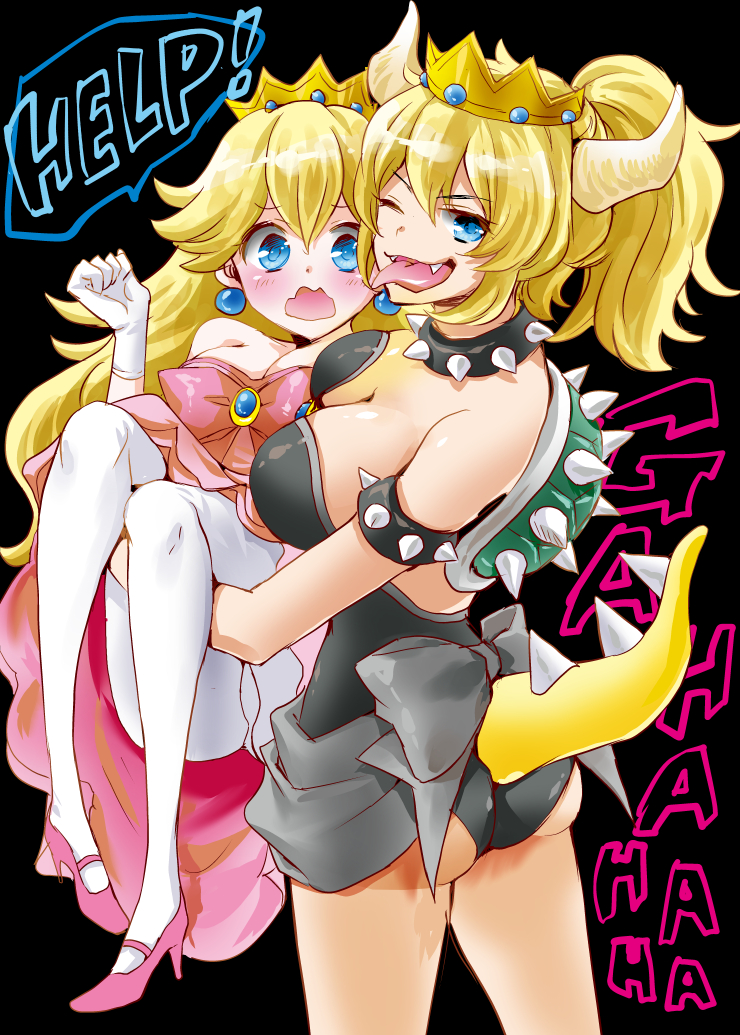 2girls ass bare_shoulders black_background blonde_hair blue_eyes blush bowsette breasts carrying choker cleavage crown dress english fangs genderswap genderswap_(mtf) horns laughing leotard_under_clothes looking_at_viewer super_mario_bros. multiple_girls new_super_mario_bros._u_deluxe nintendo one_eye_closed open_mouth pantyhose pink_dress princess_carry princess_peach sash shinogiri_zun spiked_armlet spiked_choker spiked_tail spikes super_mario_bros. tail tongue tongue_out white_legwear yuri