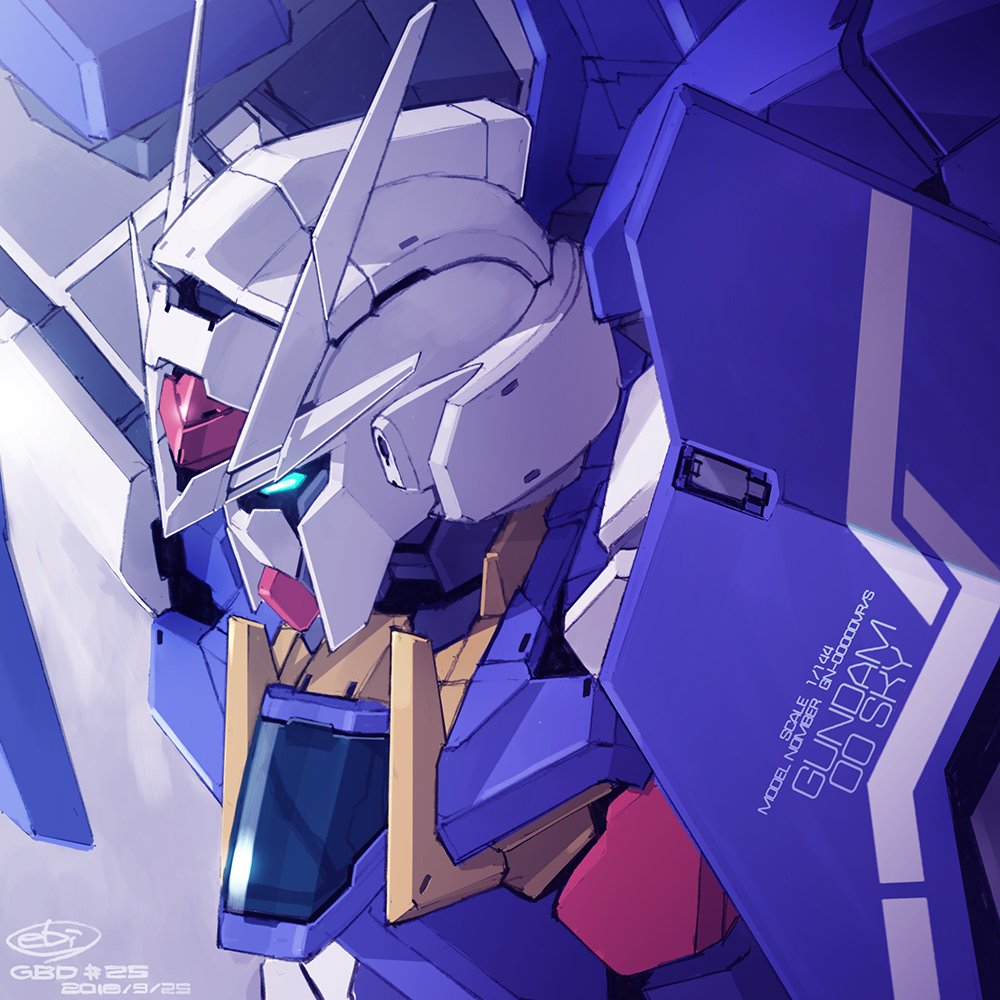 blue_eyes character_name commentary_request dated ebikawa_kanetake english gundam gundam_00_sky gundam_build_divers mecha no_humans official_art signature