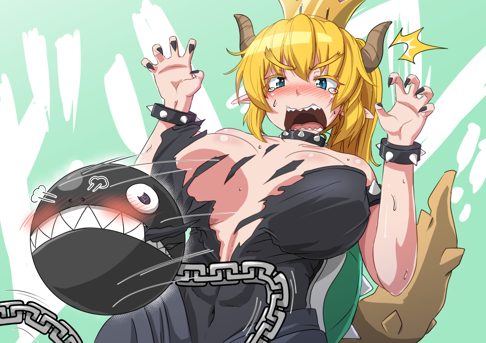 1girl black_dress black_nails blonde_hair blue_eyes blush bowsette bracelet breasts chain_chomp collar commentary_request dress eyebrows_visible_through_hair fingernails hands_up jewelry large_breasts long_hair looking_at_viewer nail_polish new_super_mario_bros._u_deluxe nokishita_kumoemon nose_blush open_mouth pointy_ears sharp_fingernails sharp_teeth slit_pupils solo spiked_bracelet spiked_collar spikes super_crown tail tears teeth torn_clothes