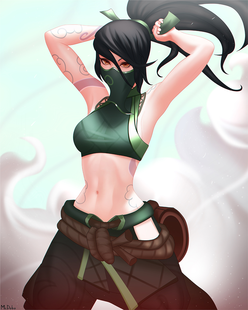 1girl abs akali armpits arms_up breasts highres league_of_legends long_hair mask mcdobo midriff ninja ponytail tattoo tying_hair