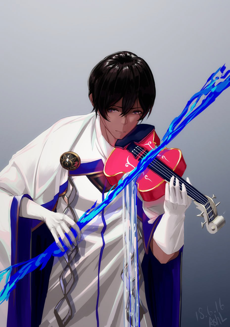 1boy arjuna_(fate/grand_order) asil black_eyes black_hair bow_(weapon) closed_mouth commentary_request dark_skin fate/grand_order fate_(series) gloves guitar highres instrument shiny shiny_hair shirt simple_background solo standing weapon white_cloak white_gloves white_shirt