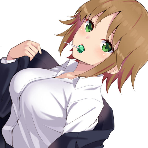 1girl bangs blue_jacket blush breasts brown_hair candy collared_shirt commentary_request dress_shirt face food green_eyes hand_up huyumitsu jacket lips lollipop looking_at_viewer medium_breasts mouth_hold osano_rui removing_jacket shirt short_hair simple_background solo upper_body white_background white_shirt world_trigger