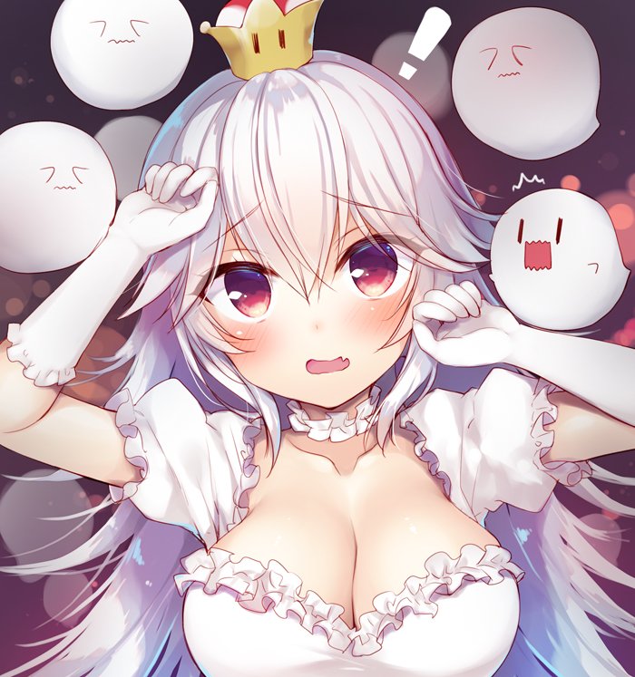 ! 1girl blush boo breasts cleavage covering_eyes crown dress embarrassed eyebrows_visible_through_hair fang gloves hands_up large_breasts long_hair looking_at_viewer new_super_mario_bros._u_deluxe open_mouth princess_king_boo puffy_short_sleeves puffy_sleeves red_eyes sazaki_ichiri short_sleeves silver_hair solo super_crown upper_body white_dress white_gloves