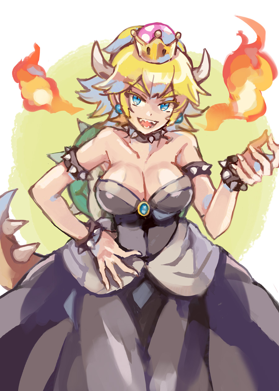 1girl bare_shoulders blonde_hair blue_eyes bowsette bracelet breasts cleavage collar crown dress earrings fire genderswap genderswap_(mtf) highres horns jewelry kunn03 large_breasts looking_at_viewer super_mario_bros. nintendo ponytail sharp_teeth shell solo spiked_bracelet spiked_collar spikes super_crown super_mario_bros. teeth