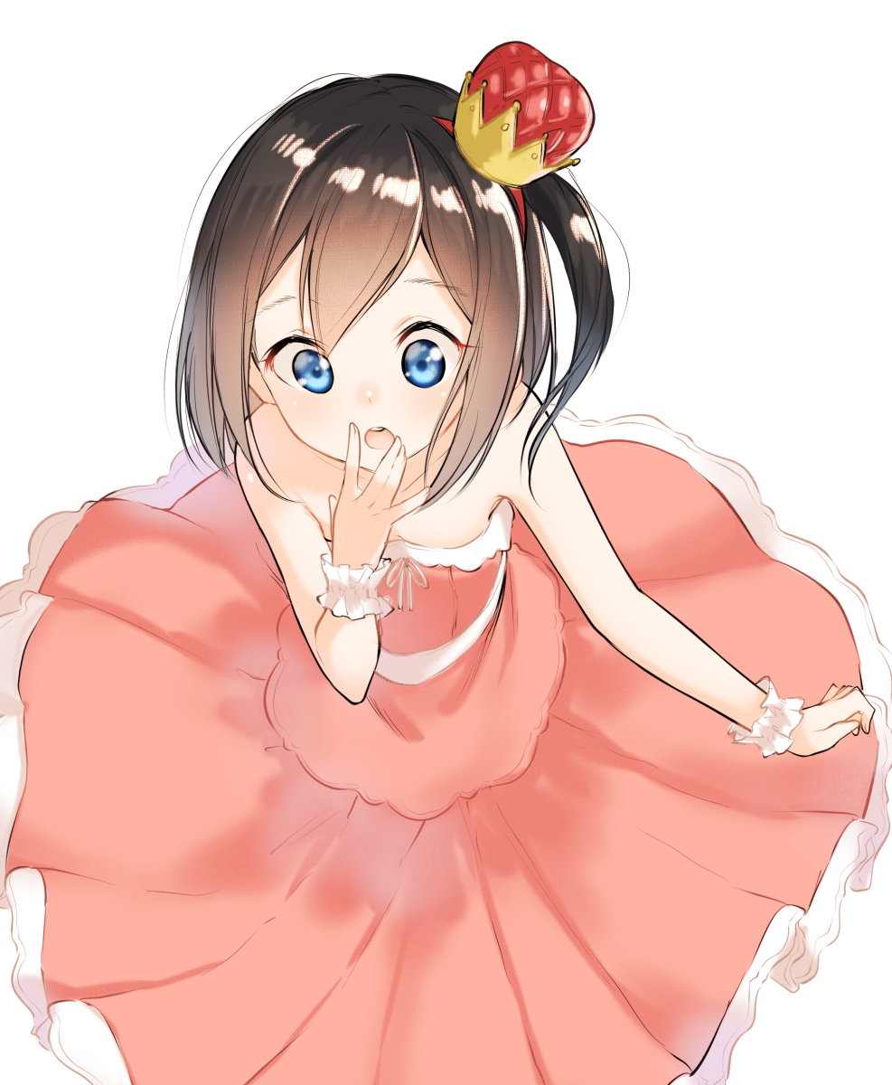 1girl :o bare_shoulders blue_eyes brown_hair commentary_request covering_mouth crown dress hairband hand_over_own_mouth highres long_dress mini_crown one_side_up original pink_dress round_teeth short_hair simple_background solo strapless strapless_dress suzunari_shizuku teeth white_background wrist_cuffs yuki_arare