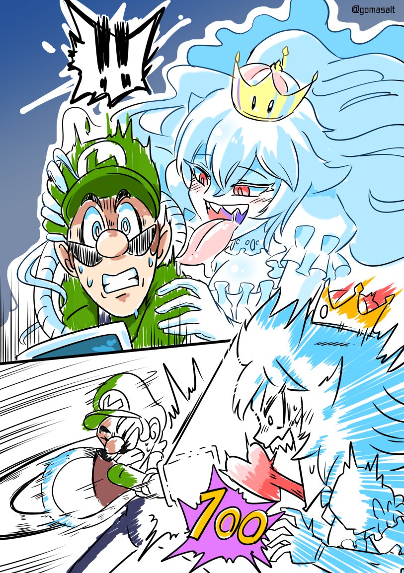! !! 1boy 1girl artist_name behind_another blue_eyes blush breasts cleavage clenched_teeth closed_eyes crown detached_collar dress eyebrows_visible_through_hair face_licking facial_hair flat_cap frilled_dress frills genderswap gloves goma_(gomasalt) green_hat green_shirt hair_between_eyes hand_on_another's_hat hand_on_another's_head hand_on_another's_shoulder hat heart large_breasts licking long_hair long_sleeves long_tongue looking_at_another luigi luigi's_mansion super_mario_bros. mini_crown mustache nintendo overalls personification poltergust_3000 princess_king_boo puffy_short_sleeves puffy_sleeves red_eyes saliva scared sharp_teeth shirt short_sleeves smile spoken_exclamation_mark super_crown surprised sweatdrop teeth tongue tongue_out white_dress white_gloves white_hair