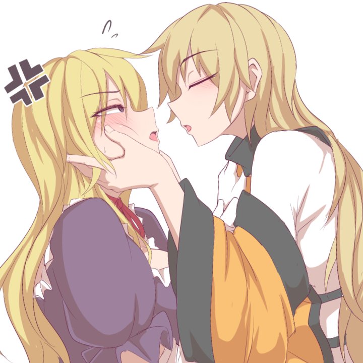 2girls anger_vein blonde_hair blush closed_eyes face-to-face facing_another hands_on_another's_cheeks hands_on_another's_face kuroba_rapid long_hair long_sleeves looking_at_another matara_okina multiple_girls no_hat no_headwear profile puffy_short_sleeves puffy_sleeves red_ribbon ribbon short_sleeves touhou upper_body violet_eyes white_background wide_sleeves yakumo_yukari yuri