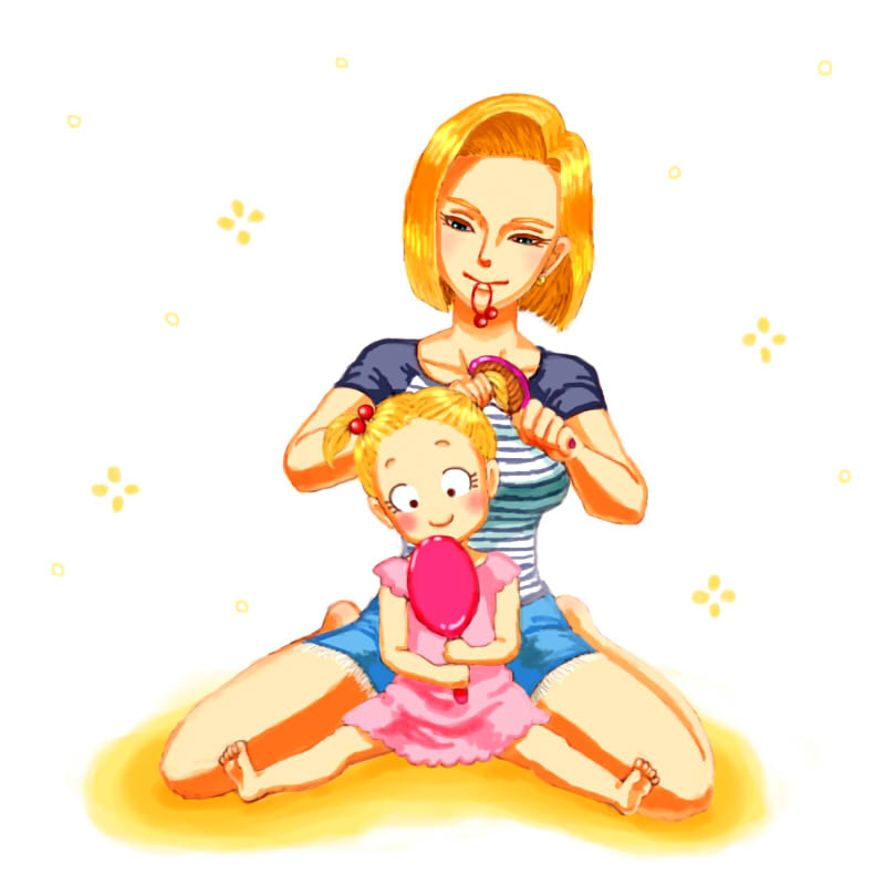 2girls android_18 barefoot black_eyes blonde_hair blush brush brushing_another's_hair dragon_ball dragonball_z dress full_body hair_brushing head_tilt marron mirror mother_and_daughter multiple_girls pink_dress shorts simple_background sitting smile spread_legs thighs twintails white_background