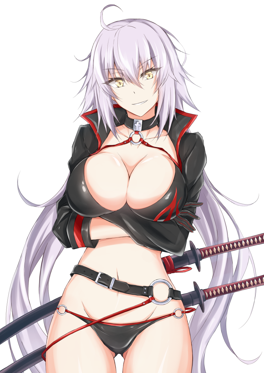 &gt;:) 1girl ahoge ass_visible_through_thighs bangs belt bikini black_bikini black_choker black_gloves black_jacket breasts choker commentary_request cowboy_shot cropped_jacket crossed_arms eyebrows_visible_through_hair fate/grand_order fate_(series) gloves grin groin hair_between_eyes head_tilt high_collar highres jacket jeanne_d'arc_(alter_swimsuit_berserker) jeanne_d'arc_(fate)_(all) katana large_breasts long_hair long_sleeves looking_at_viewer navel o-ring o-ring_bikini piro_(iiiiiiiiii) scabbard sheath sheathed shiny shiny_skin shrug_(clothing) sidelocks silver_hair smile solo standing stomach swimsuit sword thighs v-shaped_eyebrows very_long_hair weapon yellow_eyes