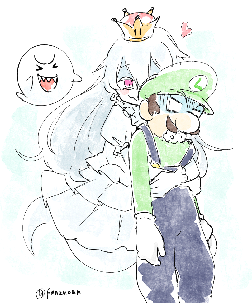 &gt;_&lt; 1boy 1girl :d artist_name blank_eyes blush boo brown_hair commentary crown dress facial_hair foaming_at_the_mouth ghost ghost_tail gloves hair_between_eyes hat heart hug hug_from_behind long_hair luigi luigi's_mansion super_mario_bros. mustache new_super_mario_bros._u_deluxe nintendo open_mouth overalls panzuban pink_eyes princess_king_boo puffy_short_sleeves puffy_sleeves sharp_teeth short_sleeves simple_background sketch smile super_crown teeth turn_pale twitter_username very_long_hair white_background white_dress white_gloves white_hair white_skin xd