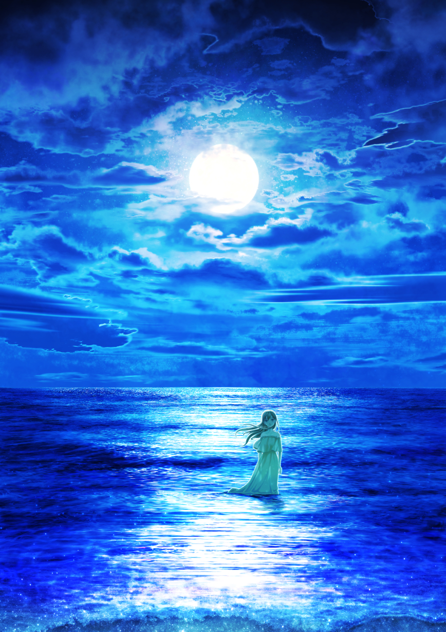 1girl blue blue_sky clouds cloudy_sky commentary_request dress floating_hair full_moon highres horizon kun52 long_dress long_hair moon night night_sky ocean original scenery see-through_silhouette sky solo standing tsukimi wading waves
