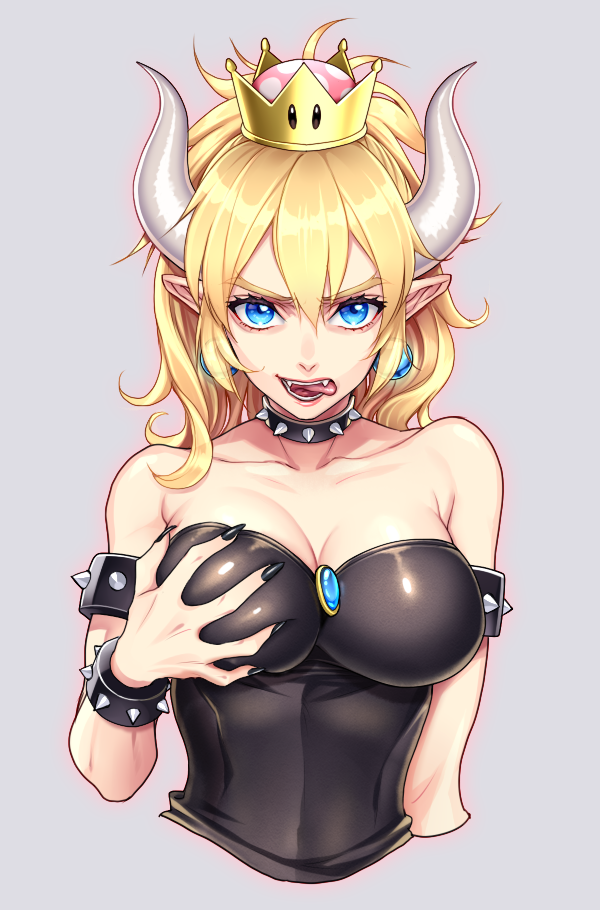 1girl bangs bare_shoulders black_dress black_nails blonde_hair blue_eyes bowsette bracelet breasts chimachi cleavage collar collarbone crown dress earrings fangs gem grey_background hair_between_eyes horns jewelry large_breasts looking_at_viewer super_mario_bros. nail_polish new_super_mario_bros._u_deluxe nintendo open_mouth pointy_ears ponytail self_fondle spiked_bracelet spiked_collar spikes strapless strapless_dress super_crown super_mario_bros. tongue tongue_out upper_body