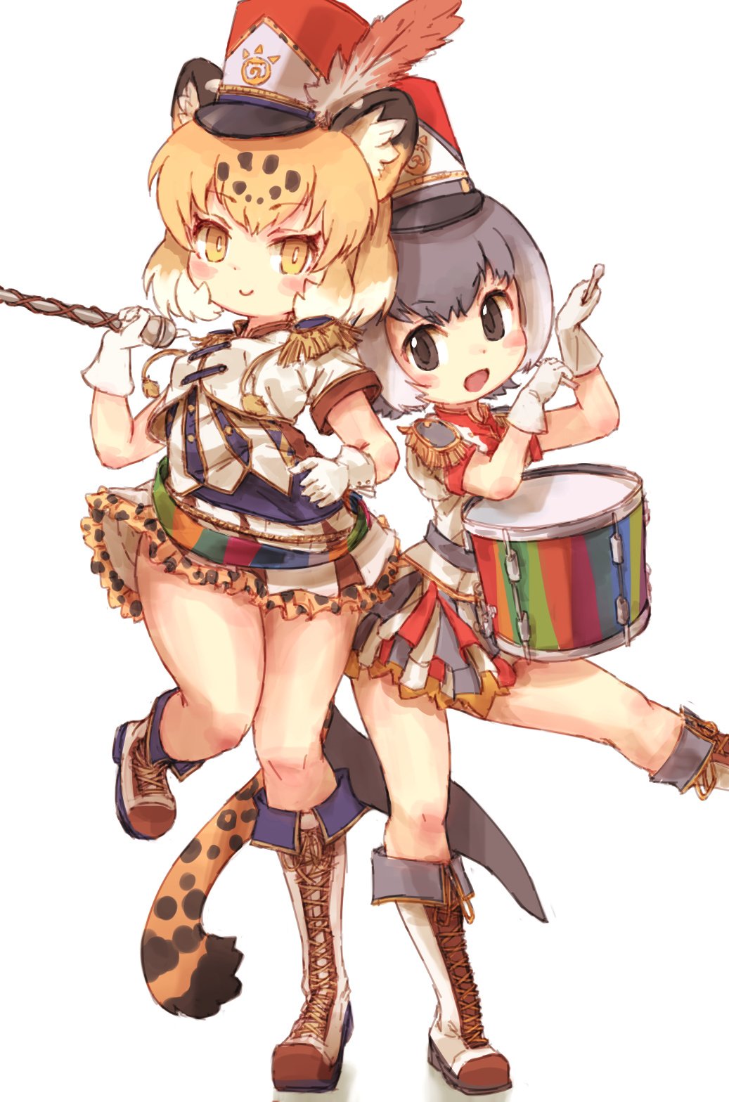 2girls alternate_costume animal_ear_fluff animal_ears blonde_hair blush boots commentary_request cross-laced_footwear drum drumsticks epaulettes eyebrows_visible_through_hair feathers frilled_skirt frills gloves grey_hair highres instrument jaguar_(kemono_friends) jaguar_ears jaguar_print jaguar_tail kemono_friends kemono_friends_festival kolshica marching_band marching_band_baton multicolored_hair multiple_girls otter_ears otter_tail pleated_skirt short_hair short_sleeves skirt small-clawed_otter_(kemono_friends) standing standing_on_one_leg tail white_hair