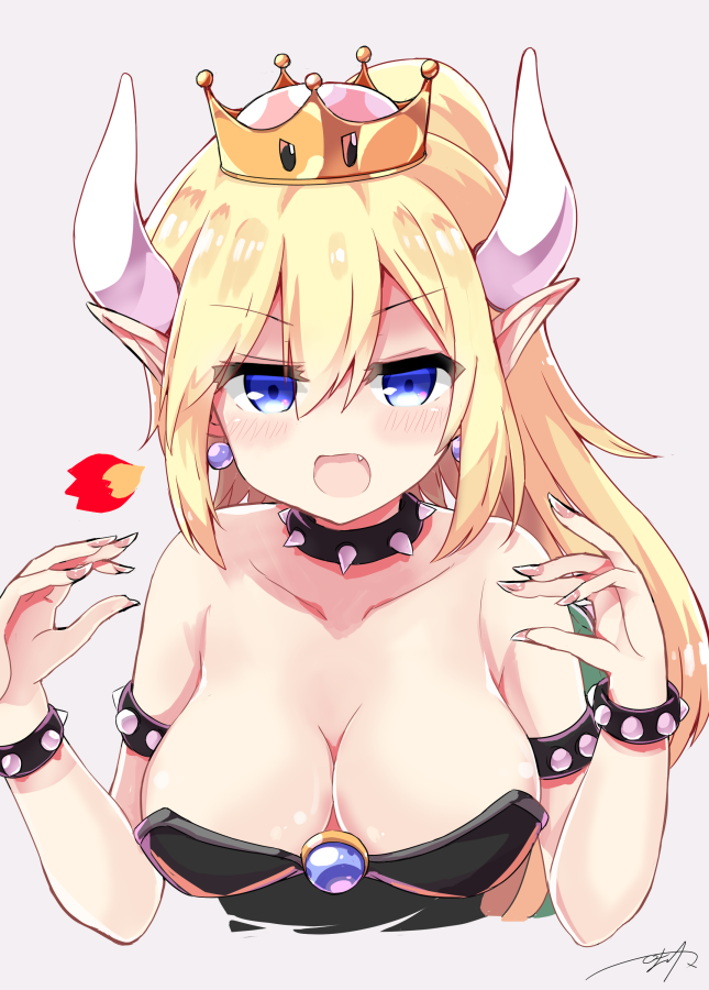 1girl :o bare_shoulders blonde_hair blue_eyes blush bowsette bracelet breasts cleavage collar collarbone commentary_request cropped_torso crown earrings eyebrows_visible_through_hair fingernails fire grey_background hair_between_eyes hands_up himarisu_(hida_mari) jewelry large_breasts long_fingernails long_hair looking_at_viewer super_mario_bros. nail_polish new_super_mario_bros._u_deluxe nintendo open_mouth pink_nails pointy_ears shiny shiny_hair sidelocks signature simple_background solo spiked_armlet spiked_bracelet spiked_collar spikes strapless super_crown v-shaped_eyebrows
