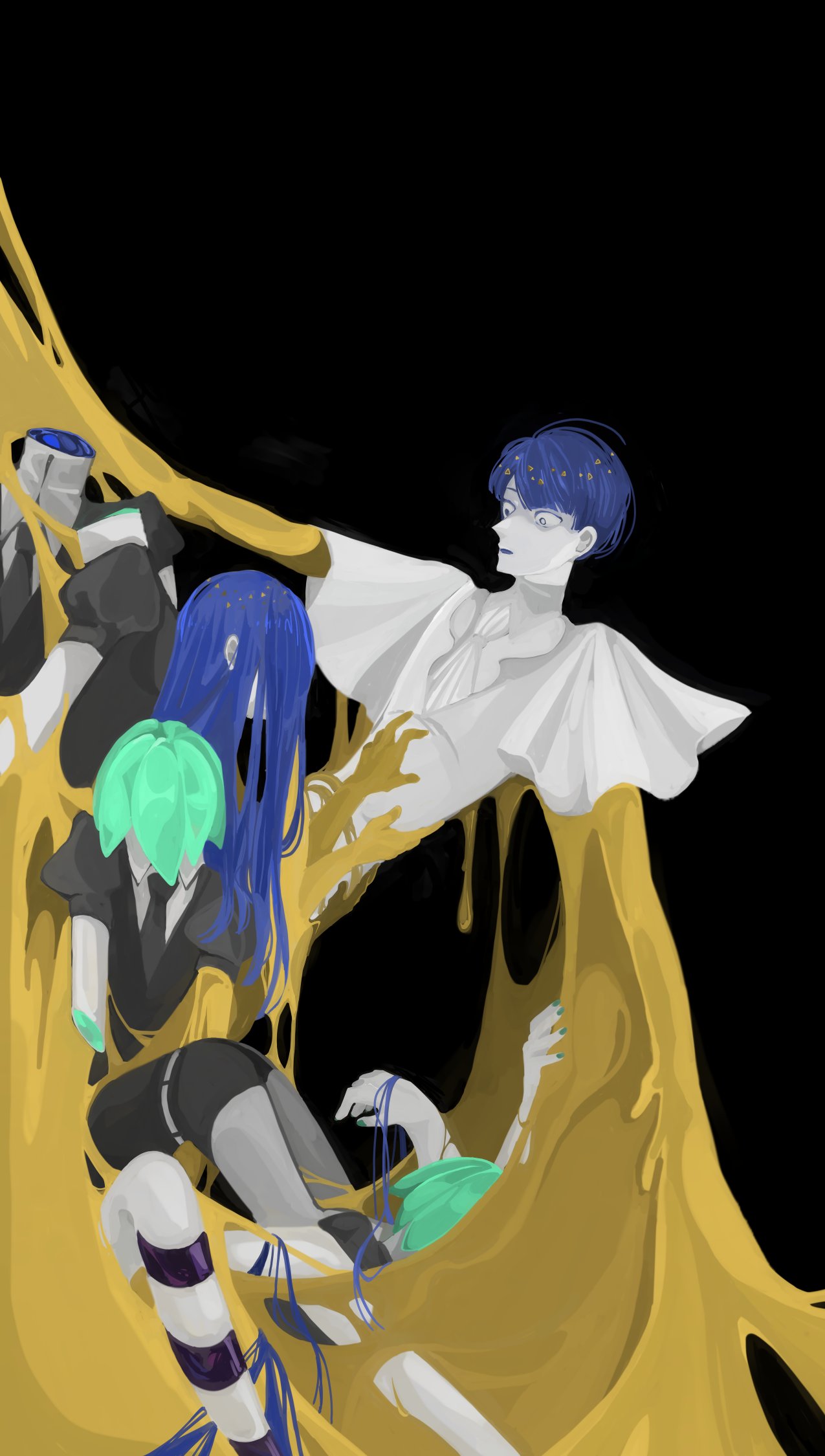 androgynous bangs black_background blue_eyes blue_hair blunt_bangs broken gem gem_uniform_(houseki_no_kuni) gold golden_arms green_hair heterochromia highres houseki_no_kuni lapis_lazuli_(houseki_no_kuni) long_hair melting missing_limb multiple_persona necktie phosphophyllite phosphophyllite_(ll) short_hair spoilers white_eyes wide-eyed