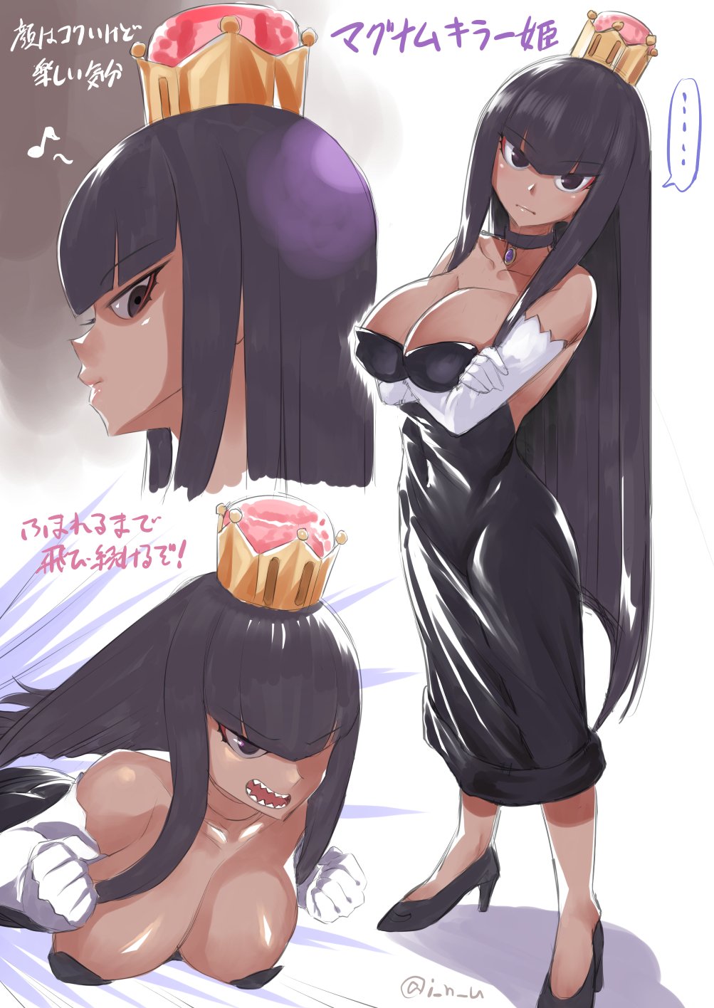 ... 1girl banzai_bill black_dress black_eyes black_hair breasts bullet_bill cleavage closed_mouth crossed_arms dark_skin dress elbow_gloves expressions eyebrows_visible_through_hair gloves high_heels highres inu_(aerodog) large_breasts long_hair looking_at_viewer looking_away super_mario_bros. musical_note new_super_mario_bros._u_deluxe nintendo open_mouth solo speech_bubble spoken_ellipsis super_crown teeth translated twitter_username white_gloves