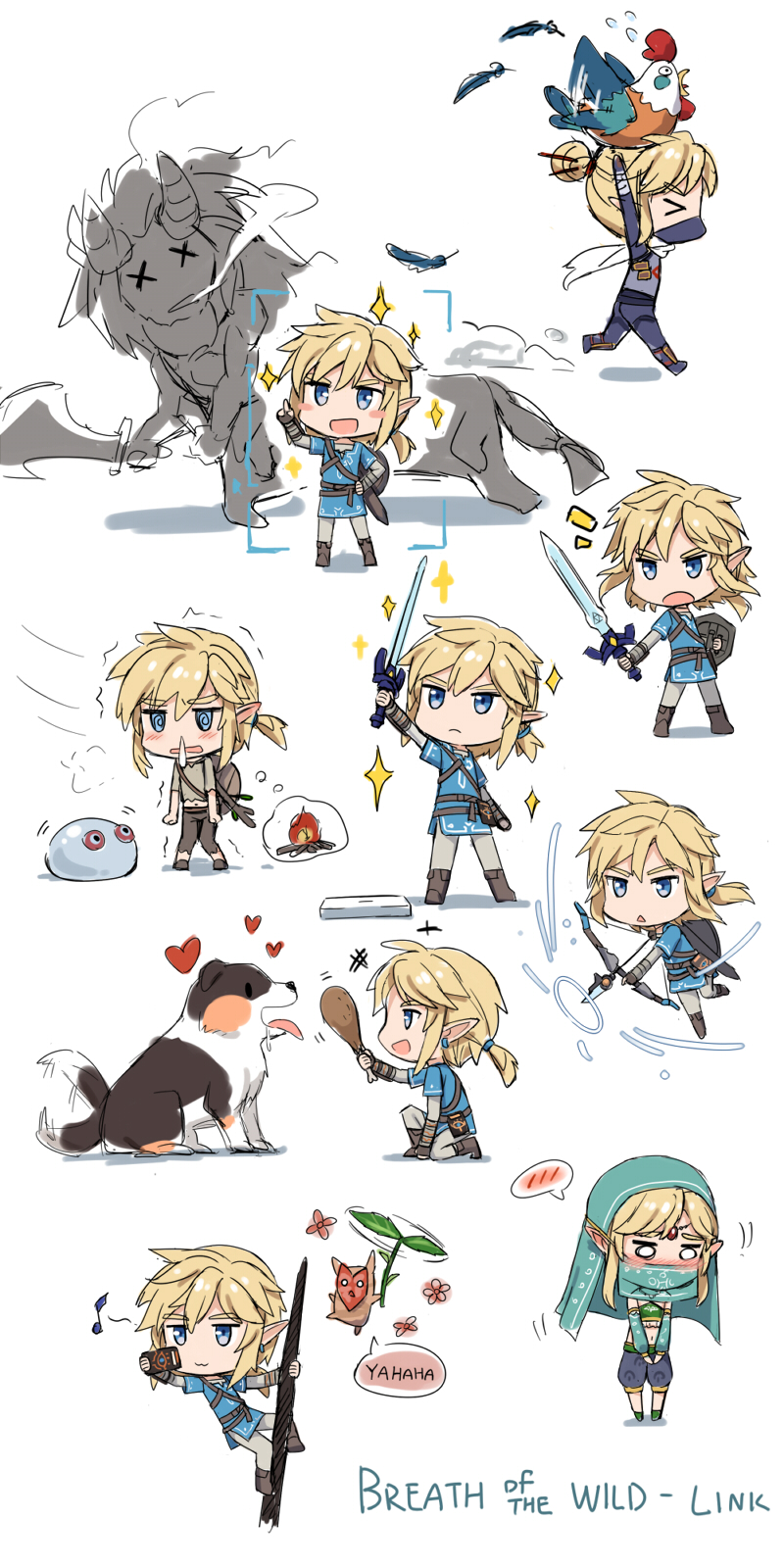 &gt;_&lt; 1boy :3 @_@ arrow bird blonde_hair blue_eyes blush_stickers bow_(weapon) cellphone character_name chibi chicken closed_mouth cnm copyright_name dog eyebrows_visible_through_hair heart highres holding holding_bow_(weapon) holding_sword holding_weapon link looking_at_viewer looking_away musical_note nintendo one_knee open_mouth phone short_hair smartphone smile speech_bubble standing sword the_legend_of_zelda the_legend_of_zelda:_breath_of_the_wild weapon