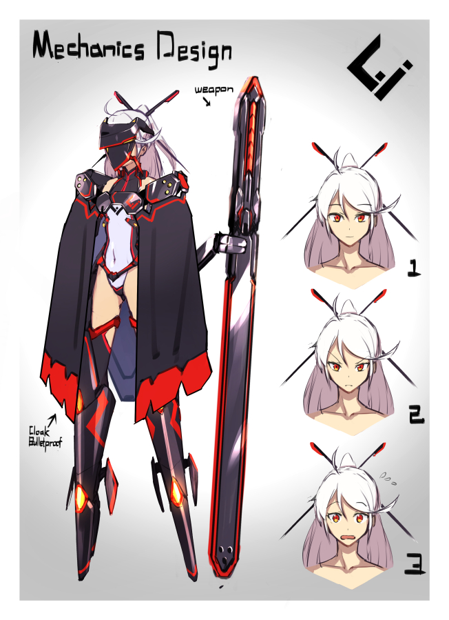 1girl black_cape boots cape character_sheet closed_mouth covered_navel embarrassed expressions flying_sweatdrops frown gradient gradient_background grey_background hair_ornament hairpin legs_apart leotard looking_at_viewer mecha_musume navel open_mouth original pink_hair ponytail red_eyes sawawse solo standing visor_(armor)