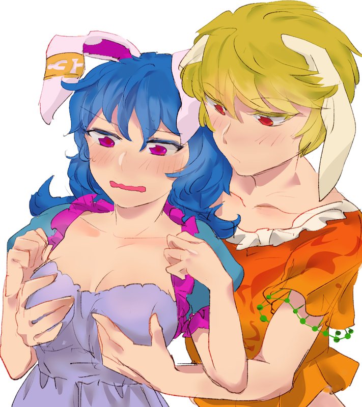 2girls animal_ears bangs blonde_hair blue_hair blush breast_grab breasts chamaruku cleavage collarbone commentary_request floppy_ears grabbing long_hair looking_down medium_breasts multiple_girls open_mouth rabbit_ears red_eyes ringo_(touhou) seiran_(touhou) short_hair sketch sweat touhou upper_body violet_eyes white_background yuri