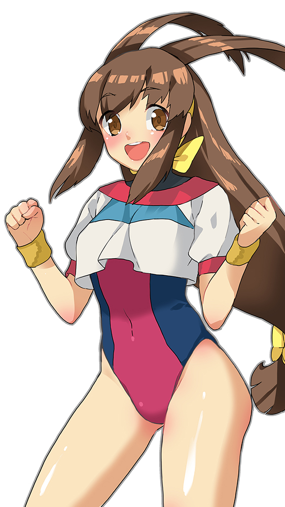 1girl 90s :d antenna_hair arched_back bangs bare_hips battle_athletes blush breasts brown_eyes brown_hair clenched_hands commentary_request contrapposto covered_navel crop_top crop_top_overhang doushimasho eyebrows_visible_through_hair eyes_visible_through_hair gym_uniform hands_up happy kanzaki_akari leotard leotard_under_clothes long_hair looking_at_viewer low-tied_long_hair medium_breasts open_mouth puffy_short_sleeves puffy_sleeves raised_eyebrows round_teeth shiny shiny_hair short_sleeves sidelocks simple_background smile solo standing tareme teeth very_long_hair w_arms white_background