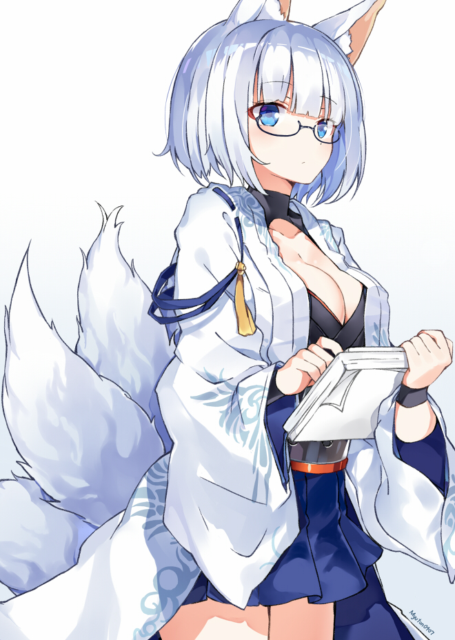 1girl animal_ears azur_lane bangs black-framed_eyewear blue_background blue_skirt breasts cleavage closed_mouth commentary_request cowboy_shot eyebrows_visible_through_hair fox_ears fox_girl fox_tail glasses gradient gradient_background holding holding_paper japanese_clothes kaga_(azur_lane) kimono kitsune long_sleeves looking_away medium_breasts multiple_tails myuton open_clothes open_kimono paper semi-rimless_eyewear short_hair silver_hair skirt solo tail tail_raised under-rim_eyewear white_background white_kimono wide_sleeves