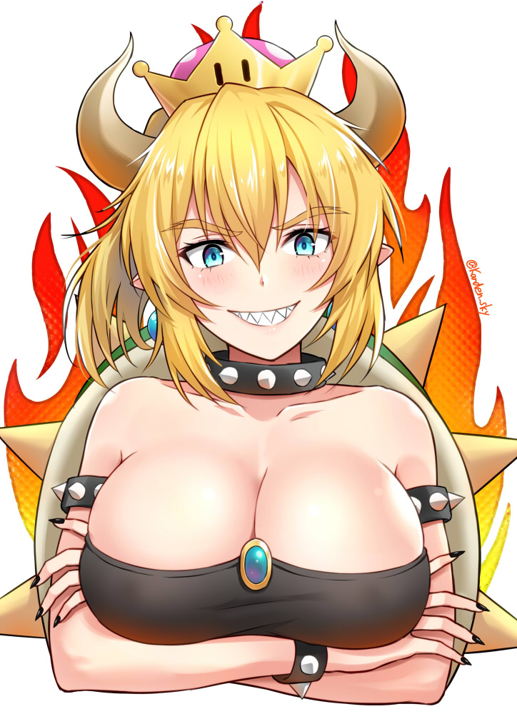 1girl bare_shoulders black_nails blonde_hair blush bowsette bracelet breasts cleavage collar commentary_request crossed_arms crown earrings eyebrows_visible_through_hair fingernails fire grin hair_between_eyes horns jewelry kanden_suki large_breasts looking_at_viewer super_mario_bros. nail_polish new_super_mario_bros._u_deluxe nintendo pointy_ears sharp_nails sharp_teeth smile solo spiked_bracelet spiked_collar spikes super_crown teeth twitter_username