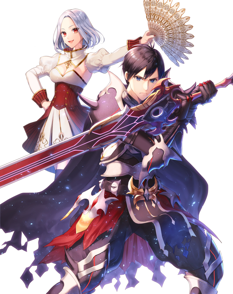 1boy 1girl :d armor black_cape black_gloves black_hair blue_eyes breasts cape cleavage copyright_request cover cover_page fan fighting_stance folding_fan gloves hand_on_hip holding holding_sword holding_weapon long_sleeves medium_breasts medium_hair momoshiki_tsubaki nail_polish official_art open_mouth puffy_long_sleeves puffy_sleeves red_eyes red_nails shoulder_armor silver_hair skirt smile standing sword weapon white_background white_skirt