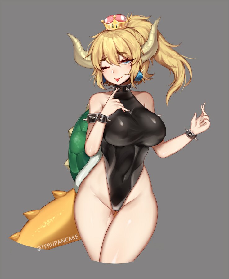 1girl ;p artist_name bare_shoulders black_leotard blonde_hair blue_eyes bowsette bracelet breasts collar commentary commission covered_navel cropped_legs crown earrings english_commentary eyebrows_visible_through_hair eyes_visible_through_hair gluteal_fold grey_background hair_between_eyes half-closed_eye horns jewelry leotard long_hair looking_at_viewer super_mario_bros. medium_breasts new_super_mario_bros._u_deluxe nintendo one_eye_closed ponytail simple_background smile solo spiked_armlet spiked_bracelet spiked_collar spiked_shell spiked_tail spikes super_crown super_mario_bros. tail teru_(renkyu) thigh_gap thighs tongue tongue_out turtle_shell twitter_username