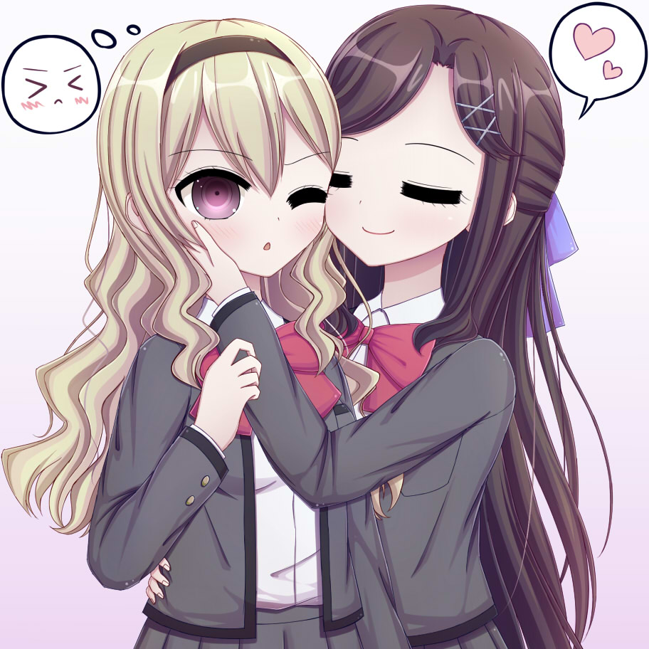 2girls artist_request bangs blazer blonde_hair blush bow brown_hair brown_hairband chestnut_mouth closed_eyes closed_mouth commentary_request ears_visible_through_hair eyebrows_visible_through_hair grey_jacket hair_ornament hairband hairpin hand_on_another's_face heart jacket long_hair multiple_girls one_eye_closed pleated pleated_skirt red_bow red_neckwear saijou_claudine shirt shoujo_kageki_revue_starlight skirt tendou_maya violet_eyes white_background white_shirt yuri