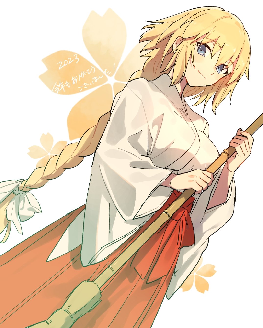 ! 1girl 2023 blonde_hair blue_eyes braid breasts broom commentary_request dated fate/apocrypha fate_(series) highres japanese_clothes jeanne_d'arc_(fate) jeanne_d'arc_(ruler)_(fate) kabutomushi_s long_hair looking_at_viewer medium_breasts miko smile solo translation_request