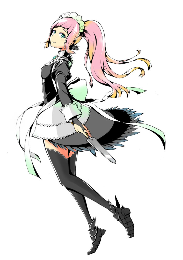 1girl blue_eyes bridal_gauntlets closed_mouth felicia_(fire_emblem_if) fire_emblem fire_emblem_if from_side full_body gem holding holding_knife im008073 juliet_sleeves knife long_hair long_sleeves looking_to_the_side maid maid_headdress nintendo pink_hair ponytail puffy_sleeves simple_background smile solo standing thigh-highs white_background zettai_ryouiki